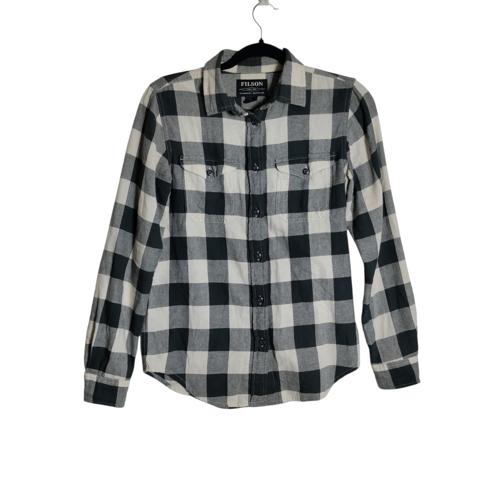 Filson Womens Small Buffalo Plaid Button Down Shirt Black Cream Cotton Flannel